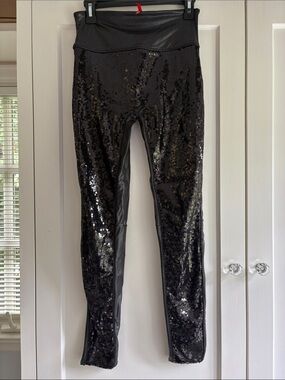 Spanx Black Sequin Leggings with Faux Leather Size M